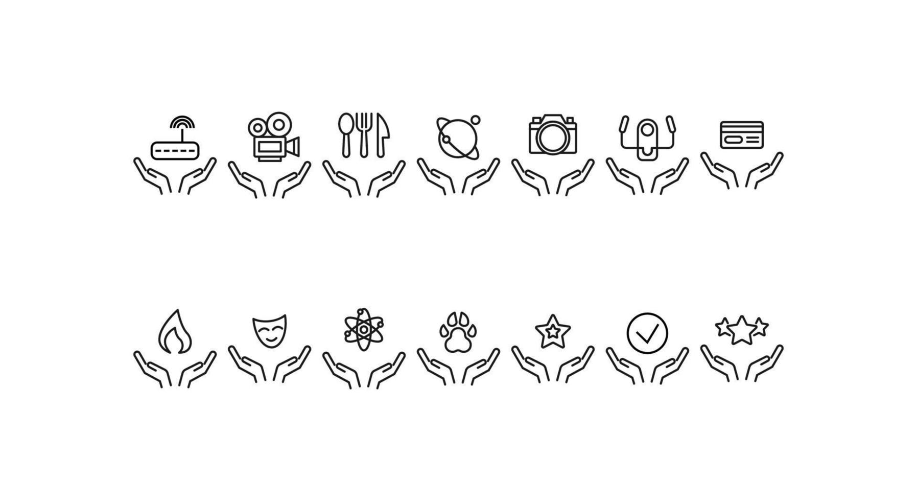 Charity and philanthropy concept. Modern vector outline symbols drawn with thin line. Line icon collection. Icons of wi fi router, star, camera, flame, kitchen utensils over opened hands