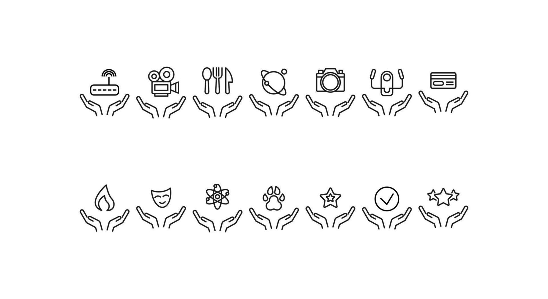 Charity and philanthropy concept. Modern vector outline symbols drawn with thin line. Line icon collection. Icons of wi fi router, star, camera, flame, kitchen utensils over opened hands