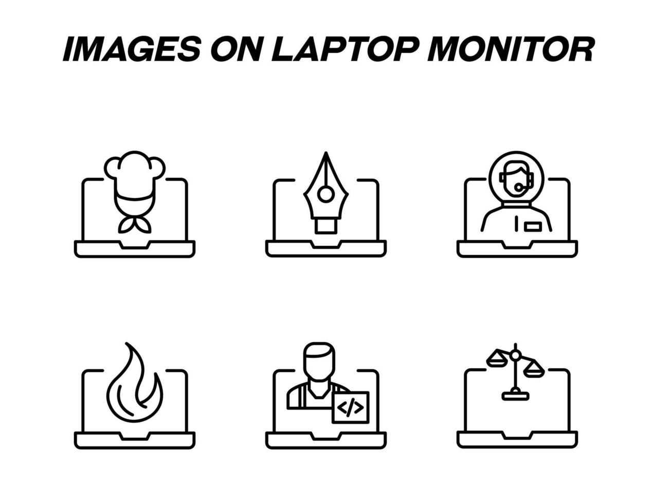 Items on laptop monitor pack. Modern vector monochrome signs. Line icon set with icons of chef, pen tool, astronaut, fire, programmer, scale