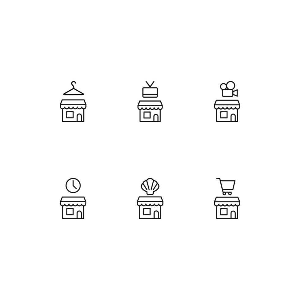 Outline symbol in modern flat style suitable for advertisement, books, stores. Line icon set with icons of hang, tv, camera, clock, seashell, shopping cart above store vector
