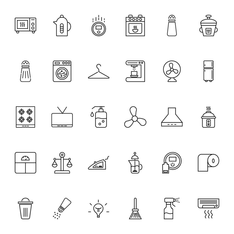 Household and daily routine concept. Collection of modern outline monochrome icons in flat style. Line icon set of oven, robot vacuum cleaner, hanger, scales, light bulb vector