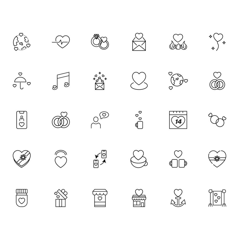 Romance and love concept. Vector monochrome outline signs drawn in flat style. Line icon set. Icons of hearts next to various items, such as ring, envelope, planet, cup, stores, giftbox