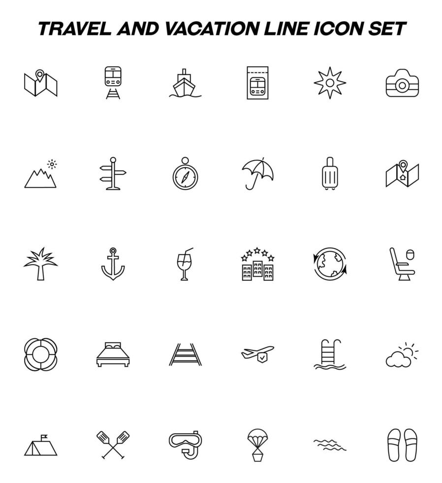 concepto de viajes, vacaciones y vacaciones de verano. símbolo de contorno vectorial para sitios, publicidad, tiendas, etc. conjunto de iconos de línea con iconos de mapa, transporte, hotel, sol, etc. vector