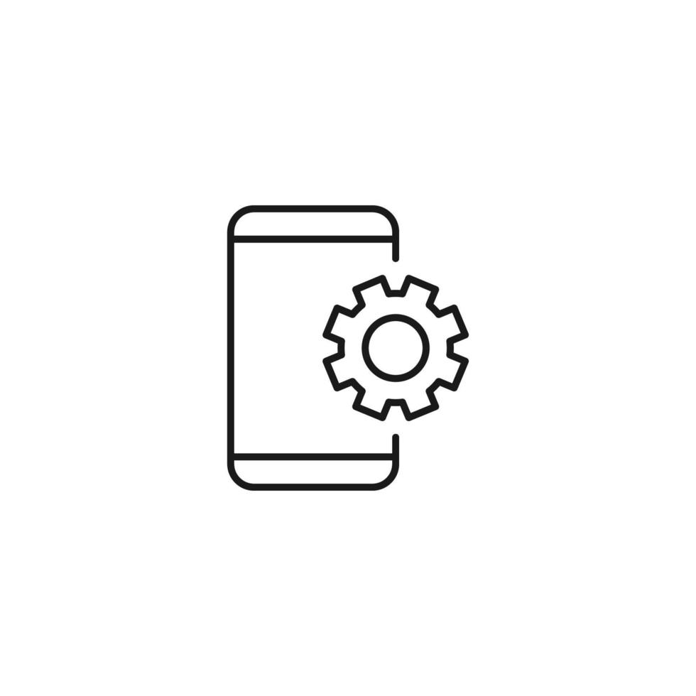 Setting or engineering concept. Vector sign drawn with thin line. Editable stroke. Perfect for web sites, stores, shops. Vector line icon of gear next to smartphone