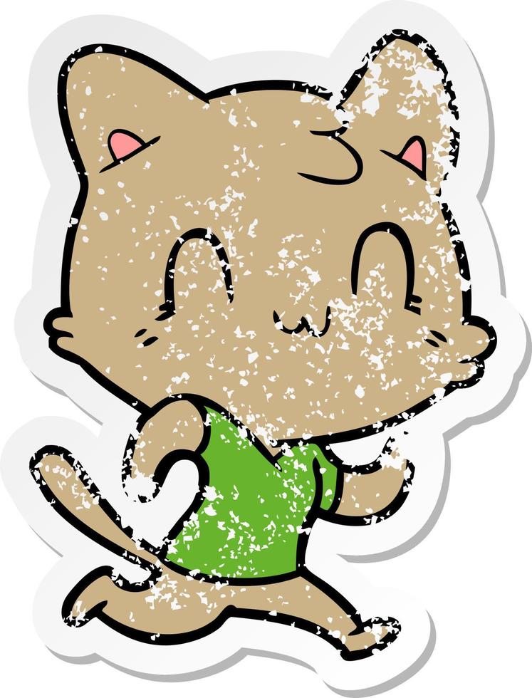 distressed sticker of a cartoon happy cat running vector