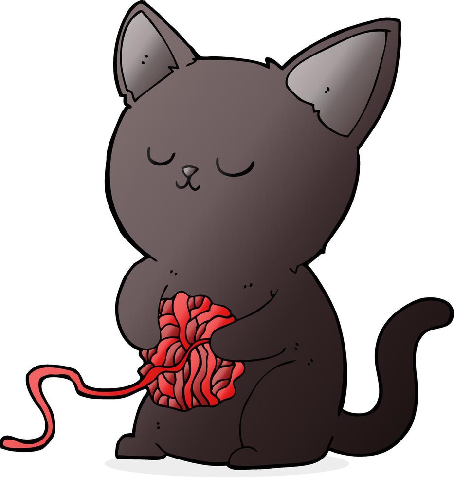 cartoon cute black cat playing with ball of yarn vector