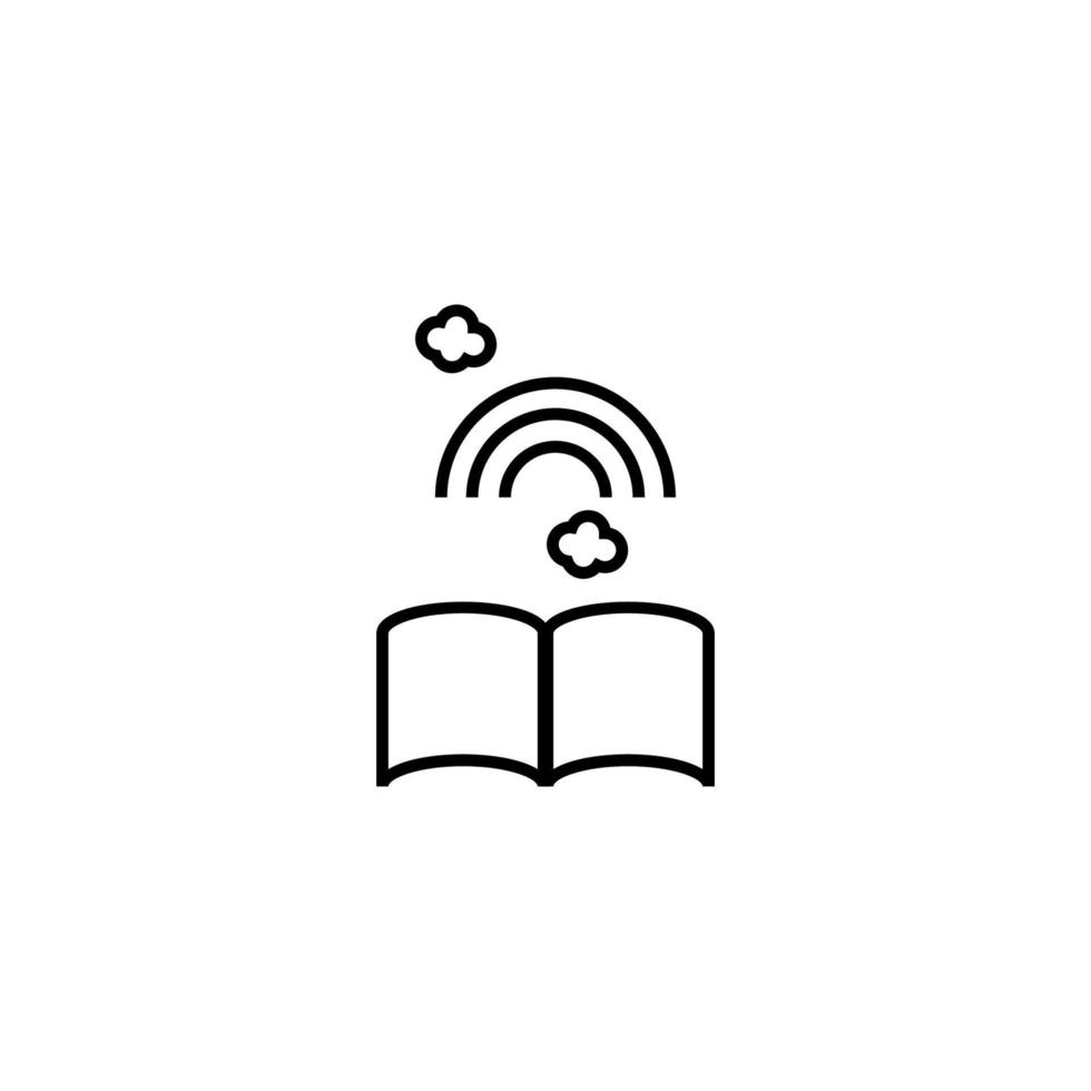 Vector symbol in flat style. Editable stroke. Perfect for internet stores, sites, articles, books etc. Line icon of rainbow with clouds over opened book