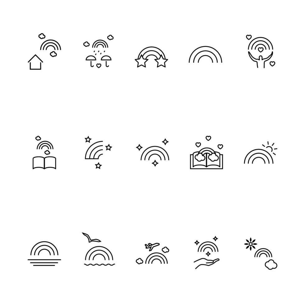 Vector sign in modern flat style. Suitable for web pages, internet shops, stores, advertisements, signboards. Line icon set with icons of house, umbrella, heart, sun, person, airplane next to rainbow