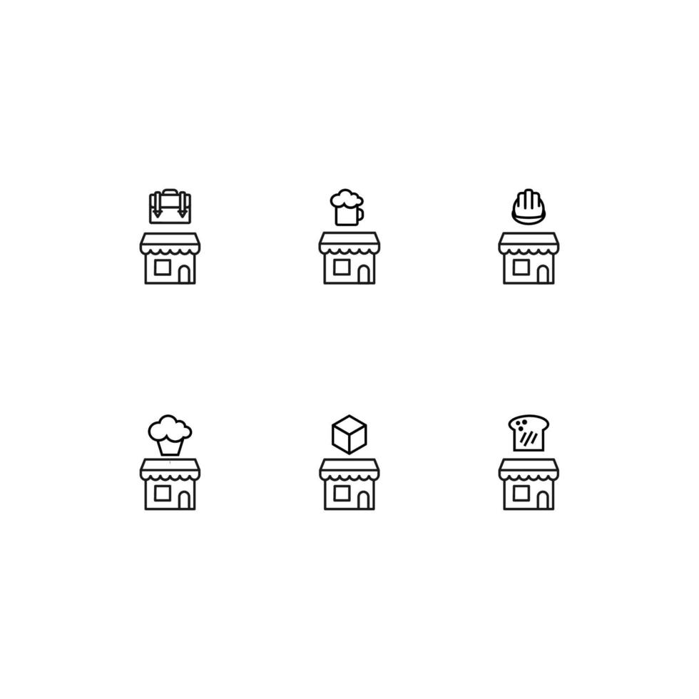 Outline symbol in modern flat style suitable for advertisement, books, stores. Line icon set with icons of bag, beer, helmet, cake, cube, bread above store vector