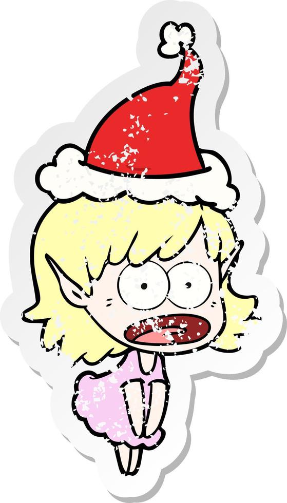 distressed sticker cartoon of a shocked elf girl wearing santa hat vector