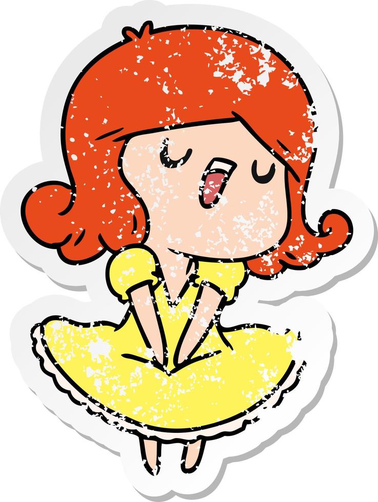 distressed sticker cartoon of a cute singing kawaii girl vector