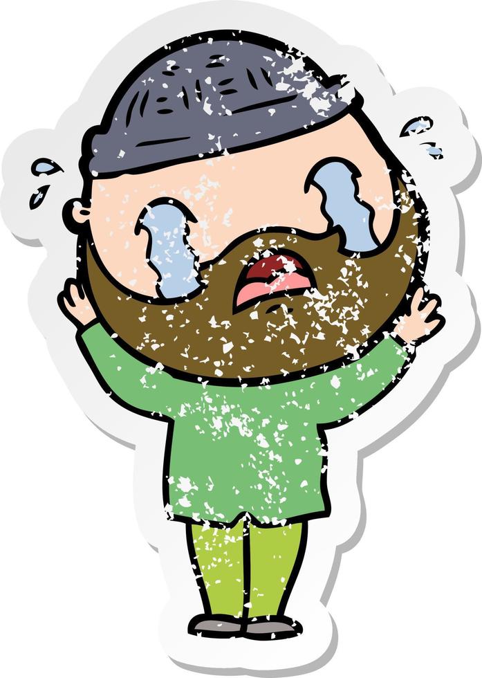 distressed sticker of a cartoon bearded man crying vector
