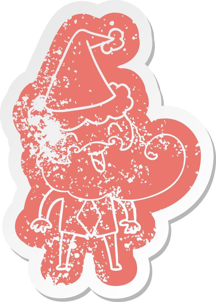 hand drawn cartoon distressed sticker of a happy bearded man wearing santa hat vector