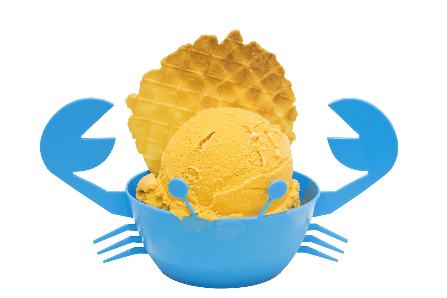 Ice cream scoop in lovely cartoon crab shape container  isolated over white - photo includes CLIPPING PATH