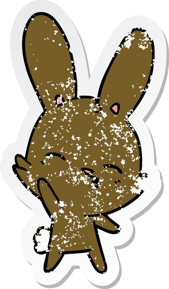 distressed sticker of a curious waving bunny cartoon vector