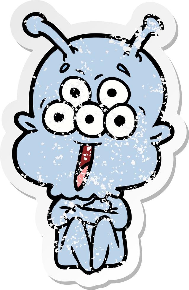 distressed sticker of a happy cartoon alien vector