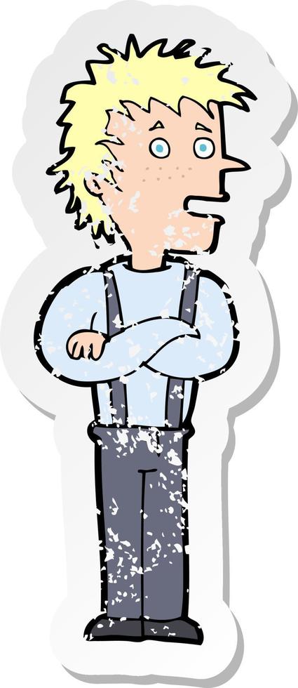 retro distressed sticker of a cartoon boy with folded arms vector