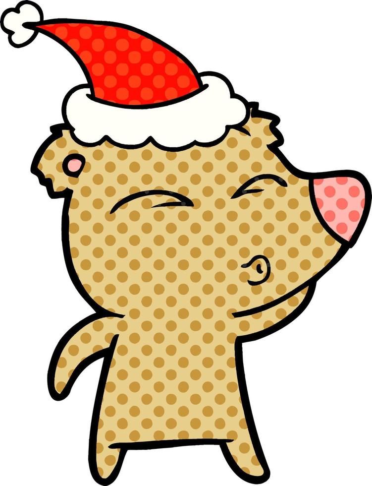 comic book style illustration of a whistling bear wearing santa hat vector