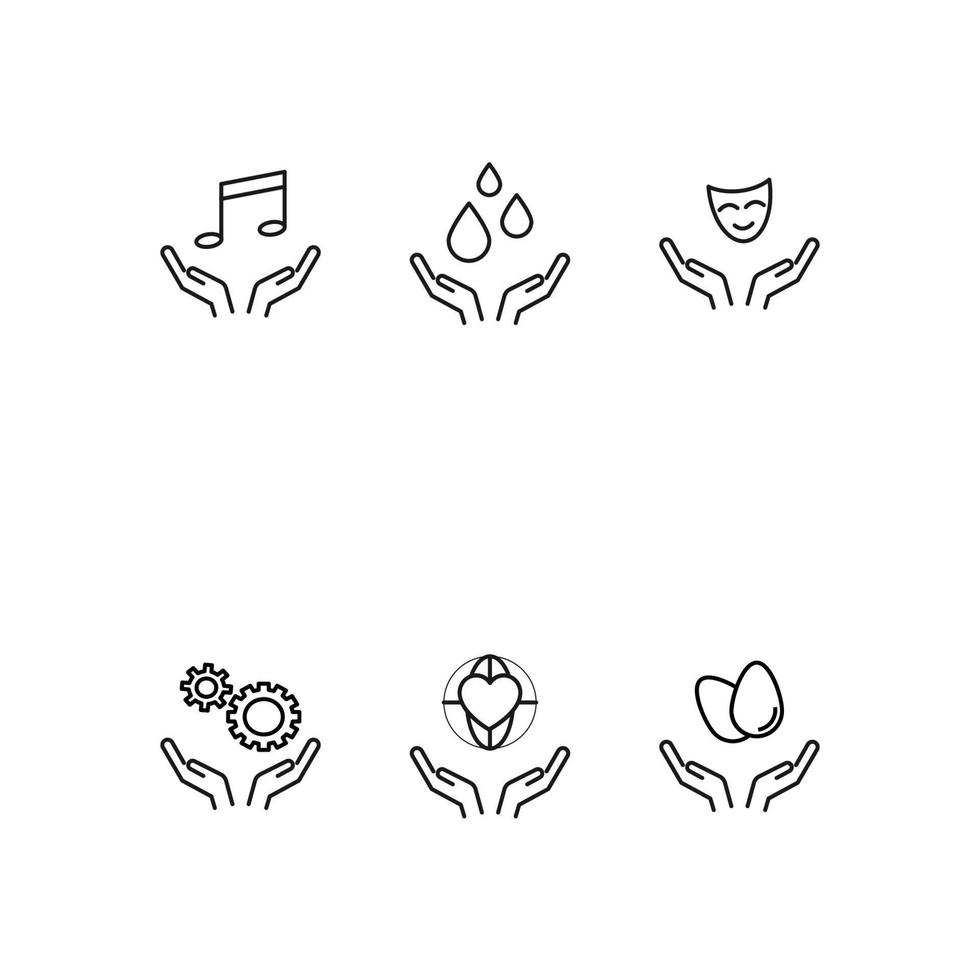 Charity and philanthropy concept. Modern vector outline symbols drawn with thin line. Line icon collection. Icons of musical note, drops, theatrical mask, gear, globe, eggs over heart