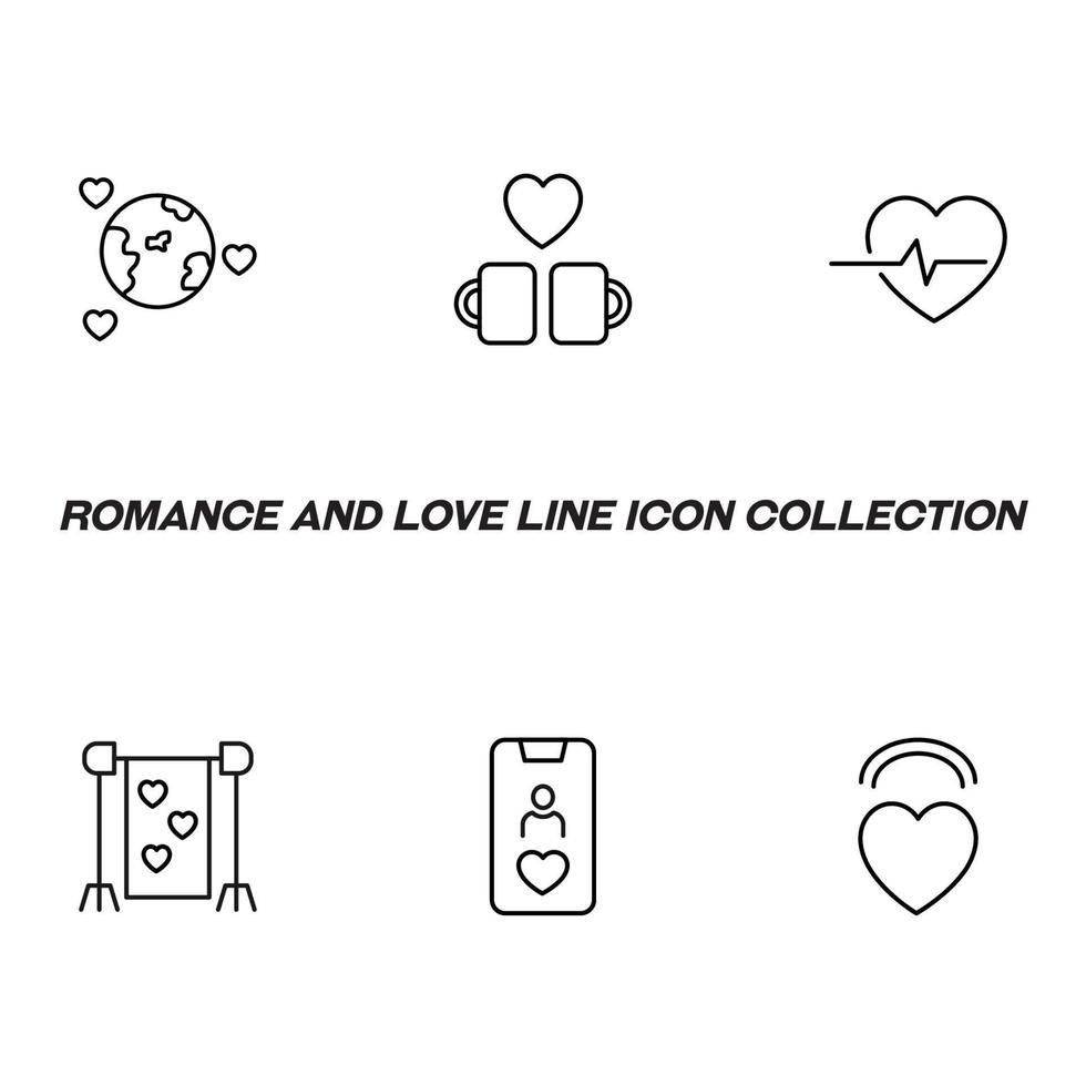Romance and love concept. Vector monochrome outline signs drawn in flat style. Line icon set. Icon of hearts next to Earth, cups, smartphone etc