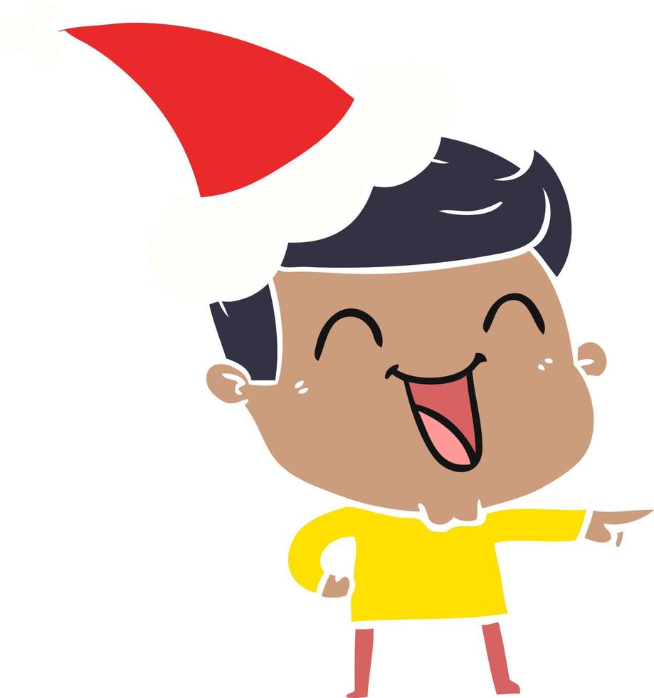 flat color illustration of a man laughing wearing santa hat vector