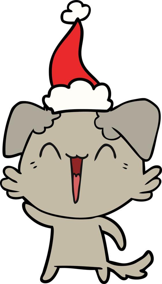 waving little dog line drawing of a wearing santa hat vector
