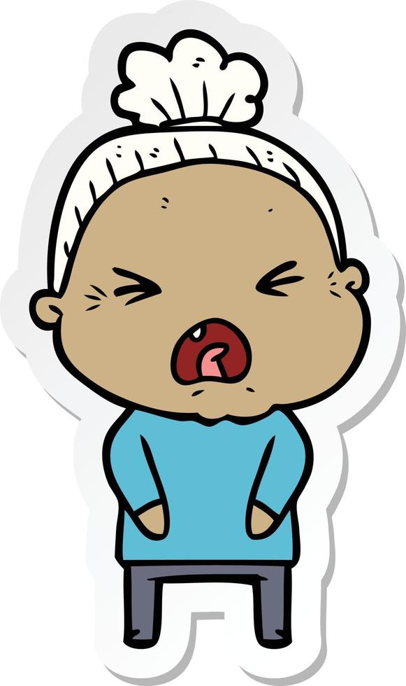 sticker of a cartoon angry old woman vector