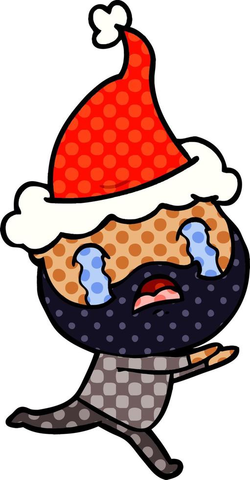 comic book style illustration of a bearded man crying wearing santa hat vector