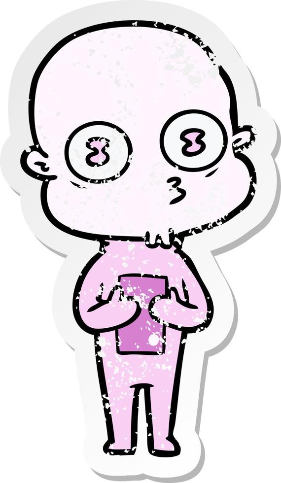 distressed sticker of a cartoon weird bald spaceman vector