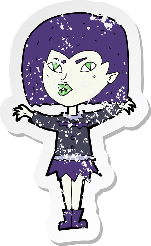 retro distressed sticker of a cartoon vampire girl vector