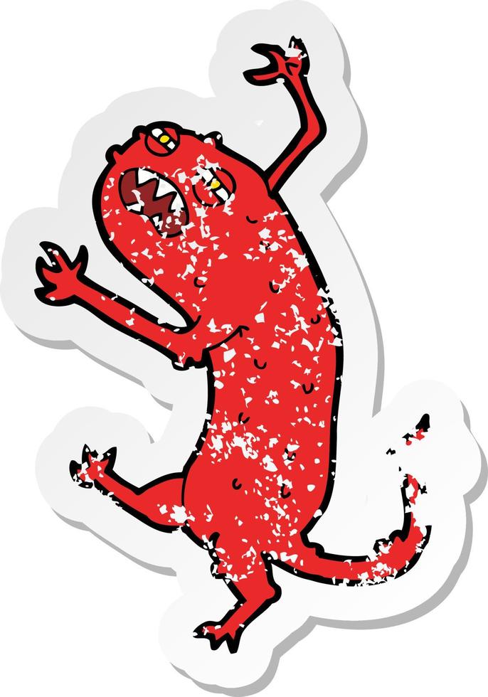 retro distressed sticker of a cartoon little monster vector