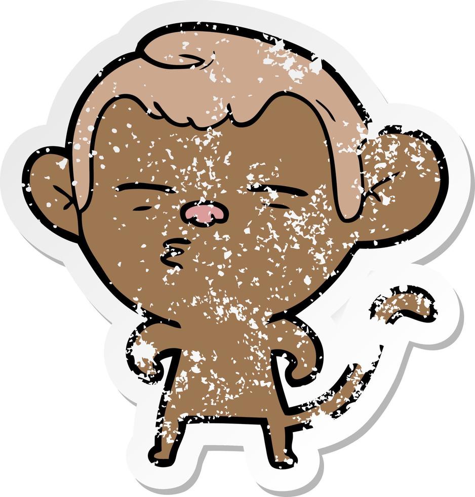 distressed sticker of a cartoon suspicious monkey vector