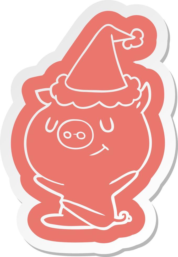 happy cartoon  sticker of a pig wearing santa hat vector