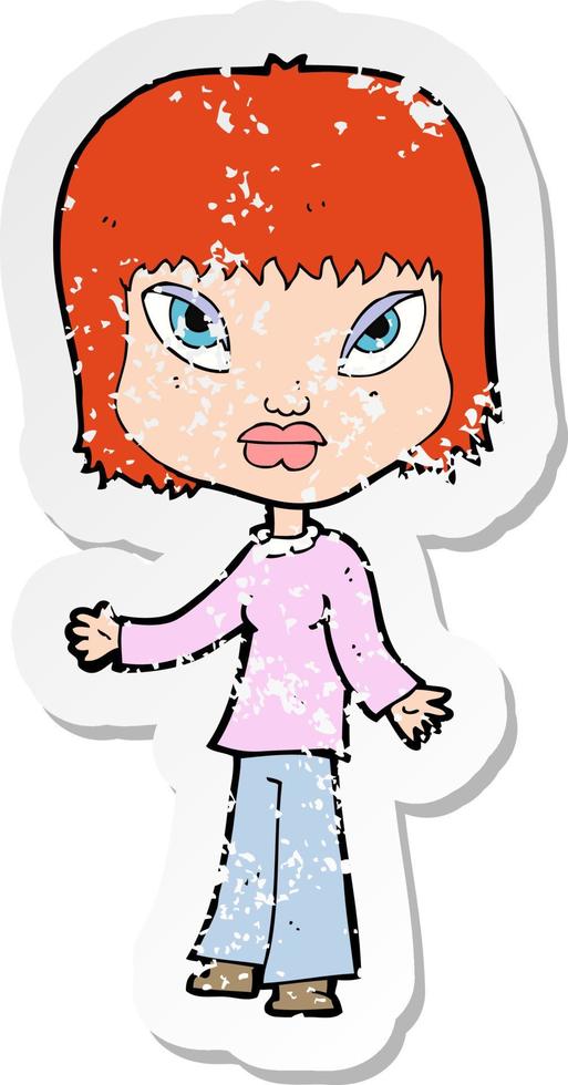 retro distressed sticker of a cartoon woman with open arms vector