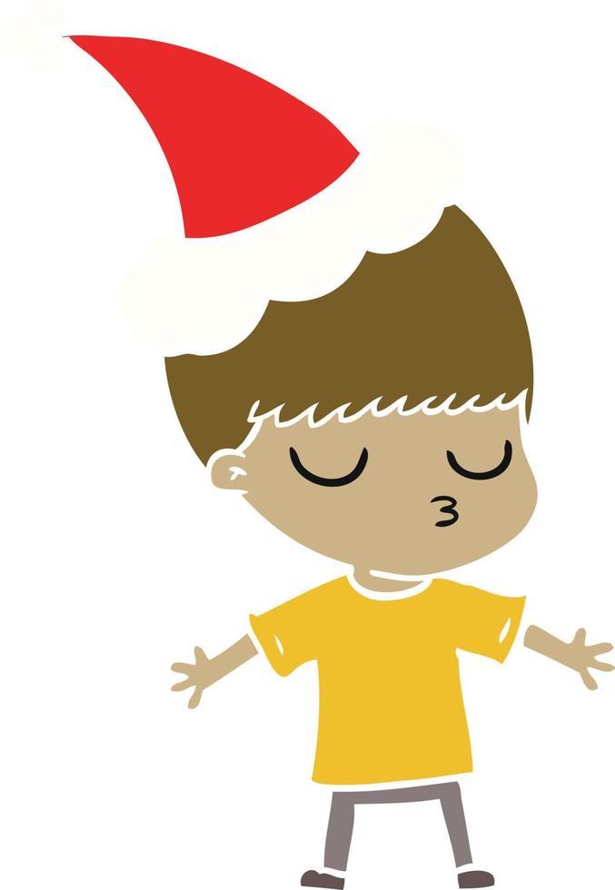 flat color illustration of a calm boy wearing santa hat vector