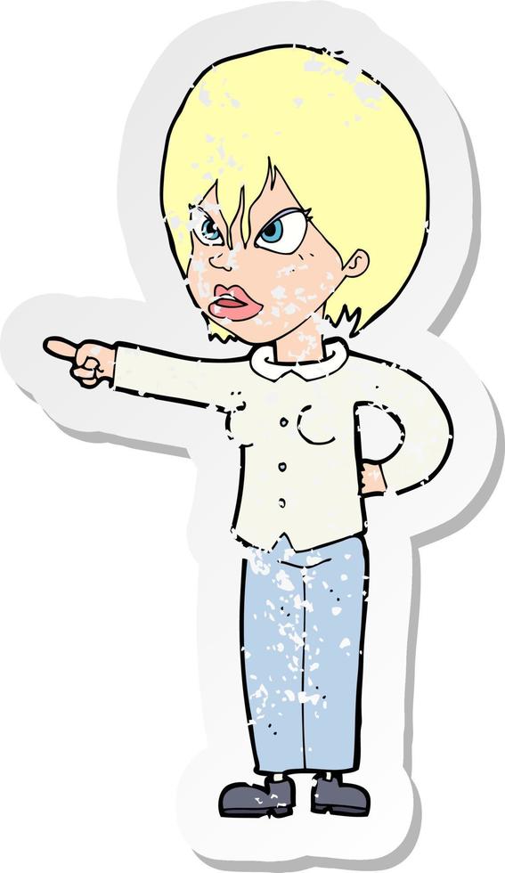 retro distressed sticker of a cartoon woman accusing vector