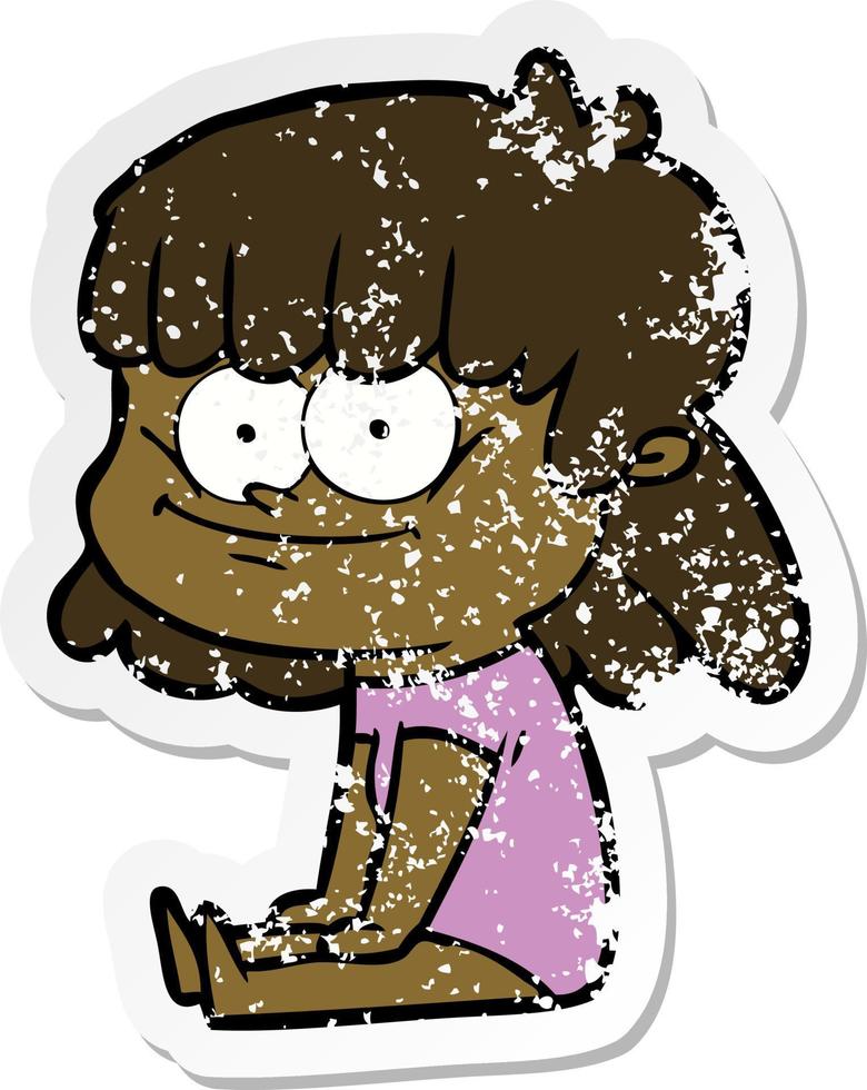 distressed sticker of a cartoon girl smiling vector