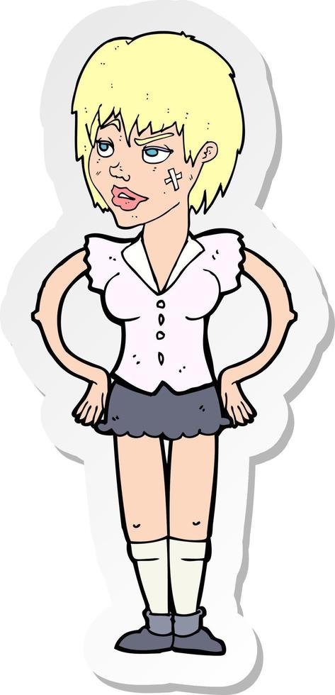 sticker of a cartoon tough woman with hands on hips vector