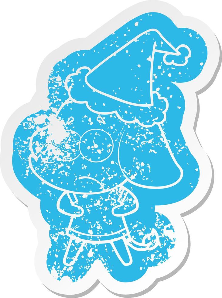 cartoon distressed sticker of a unsure elephant wearing santa hat vector