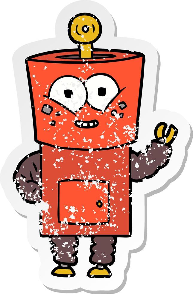 distressed sticker of a happy cartoon robot waving hello vector