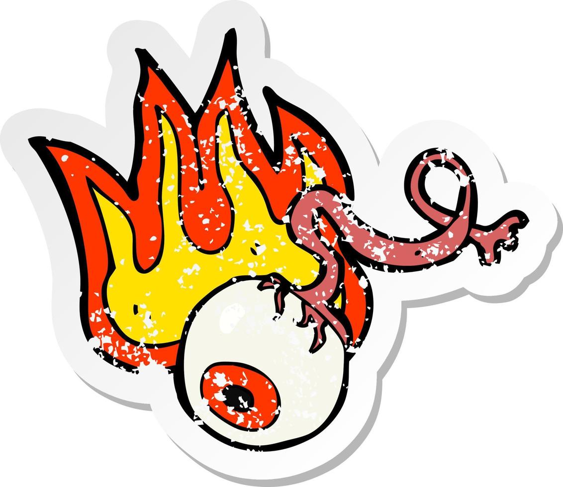 pegatina retro angustiada de un globo ocular en llamas bruto de dibujos animados vector