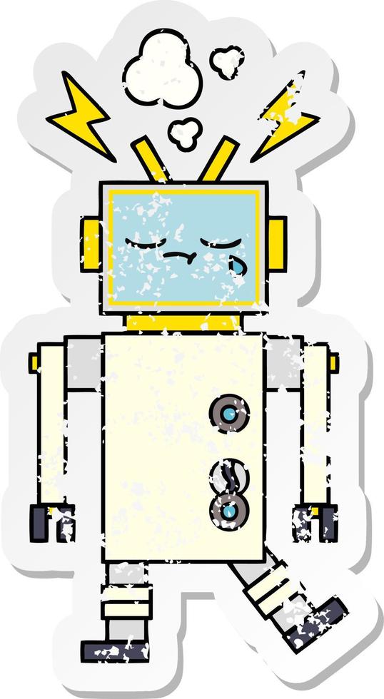 distressed sticker of a cute cartoon crying robot vector