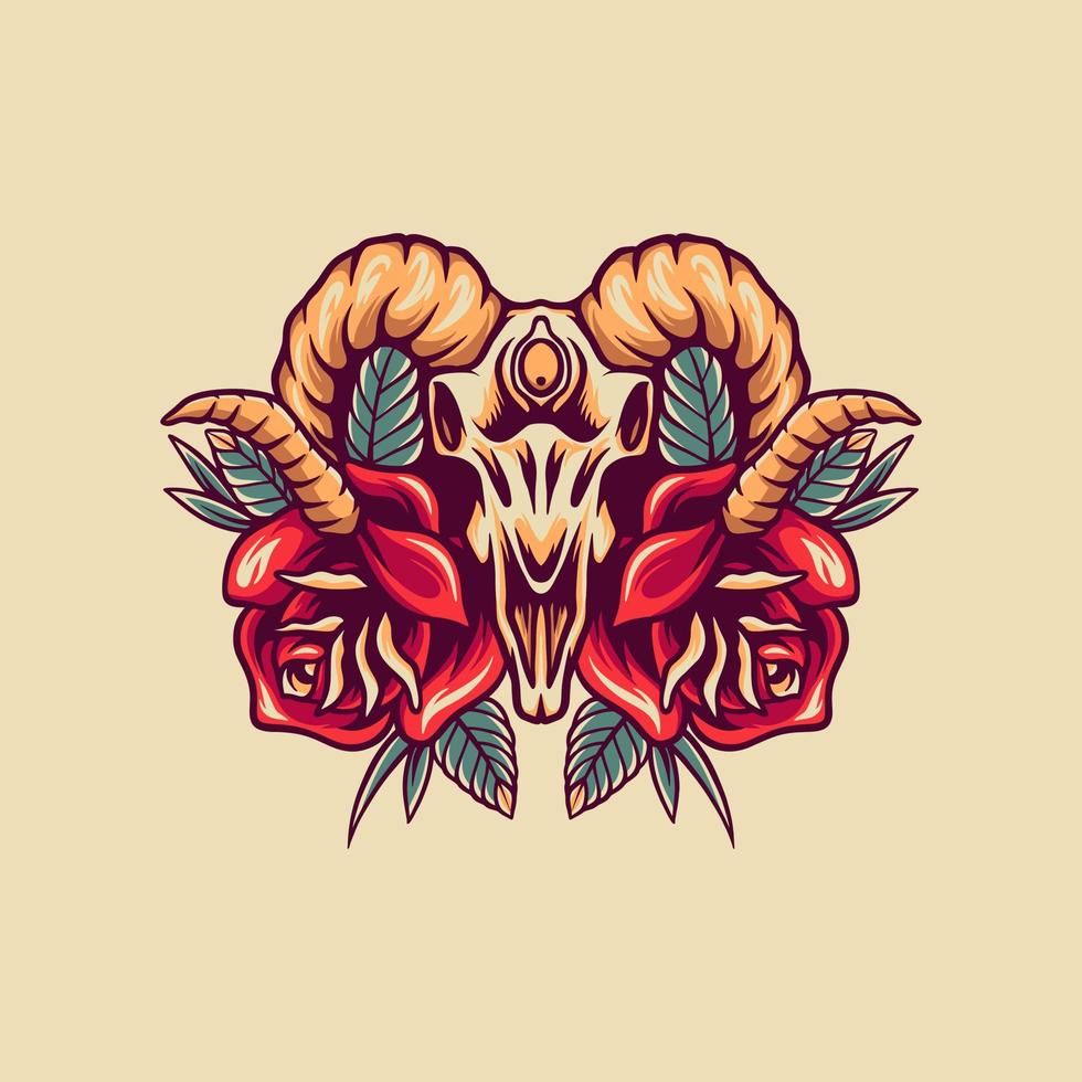 cráneo de cabra y rosas ilustración retro vector