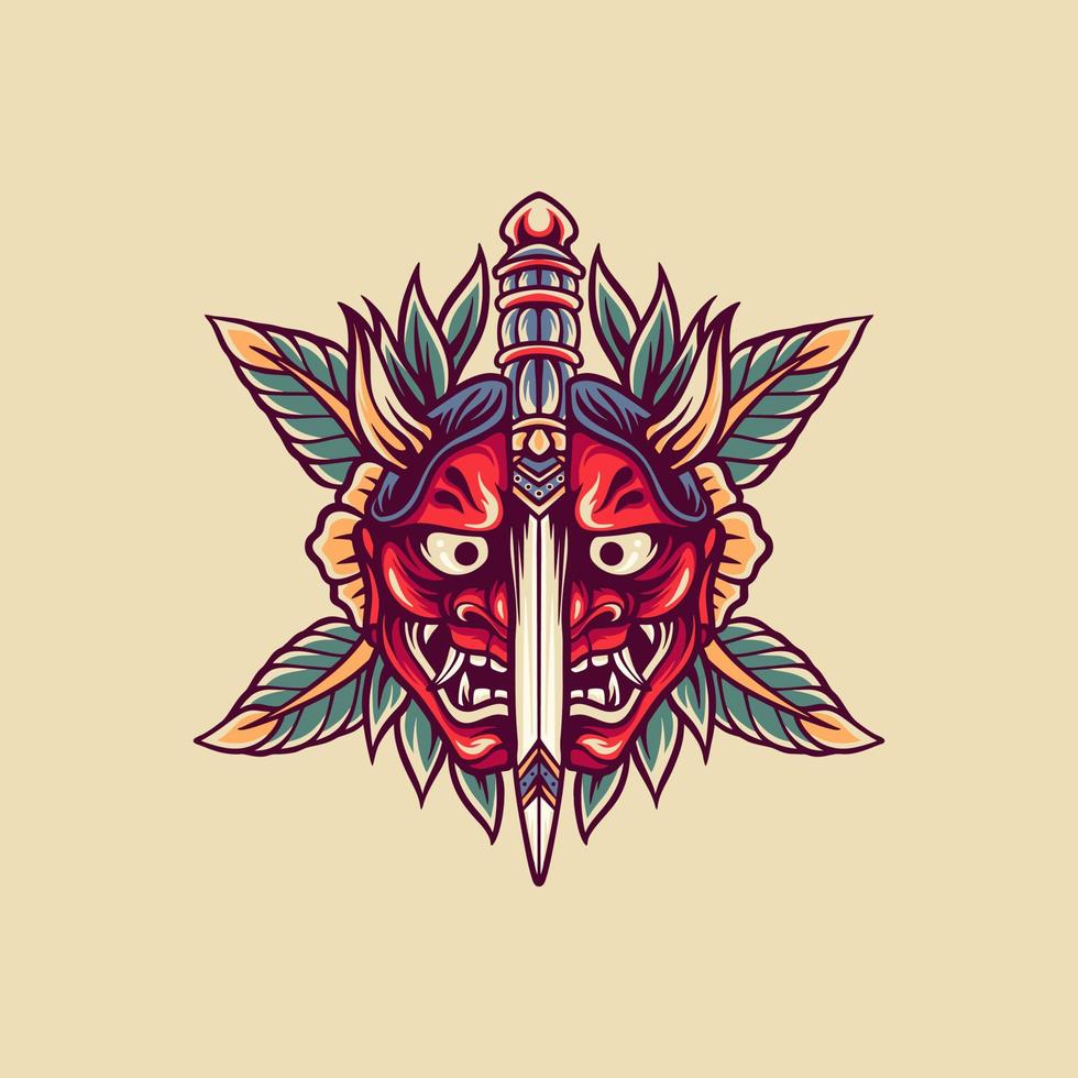 Broken Onimask And Sword Retro Illustration vector