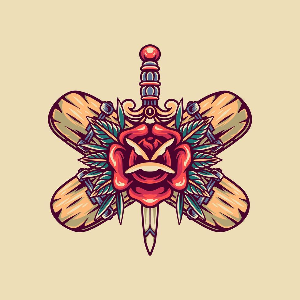 Sword Rose And Skateboard Retro Illustration vector
