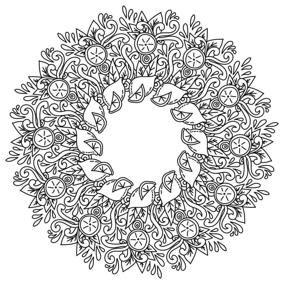 Antistress mandala with lemons, patterns and cytruses whole and halves in the form of a round coloring page with curls and doodles vector