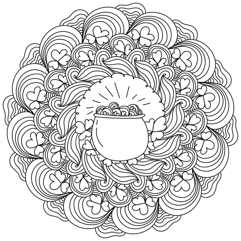 Wavy mandala with a pot of coins in the center and clover leaves, antistress coloring saint Patrick's day page vector