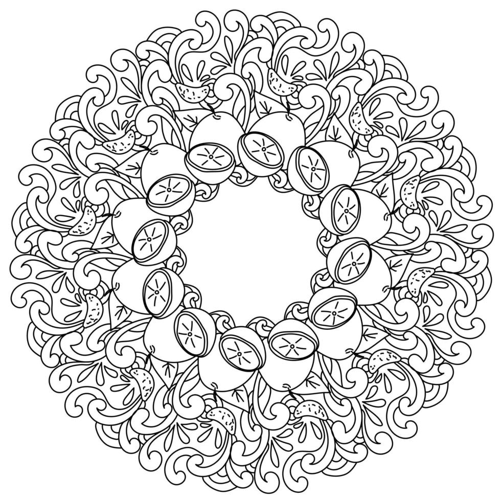 Abstract mandala with juicy grapefruit, vitamin citrus whole and half in the form of a round frame coloring page vector