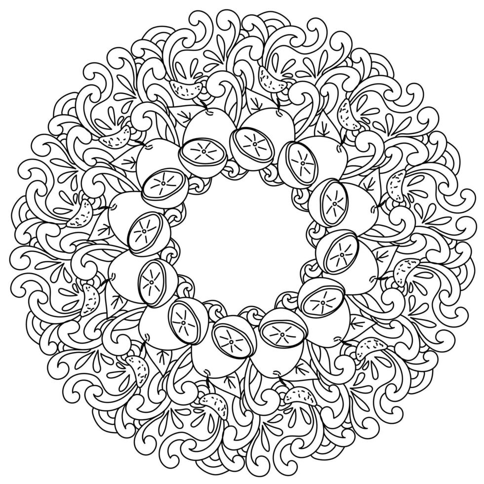 Abstract mandala with juicy grapefruit, vitamin citrus whole and half in the form of a round frame coloring page vector