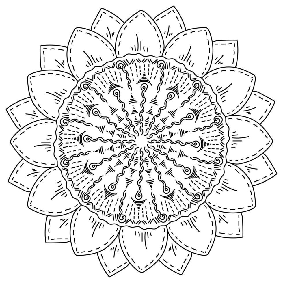 Mandala flower with two layers of ornate shading petals, coloring page with natural motives vector